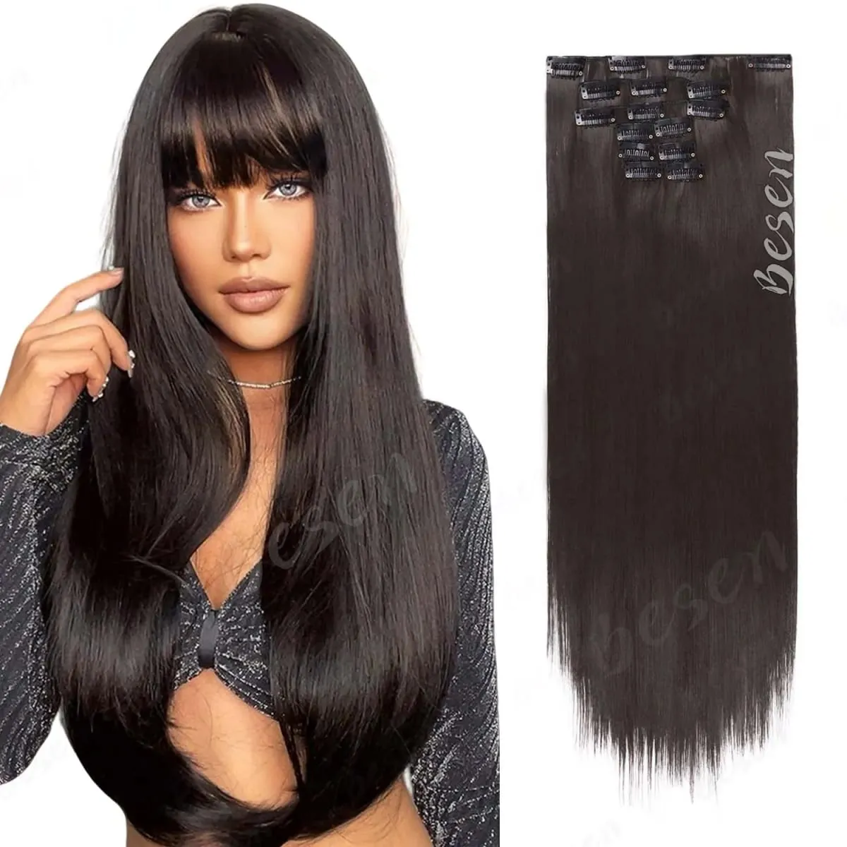 Synthetic 24Inch 16 Clips in Hair Extensions Long Straight Hairstyle Blonde Black Hairpieces Heat Resistant False Hair Daily Use