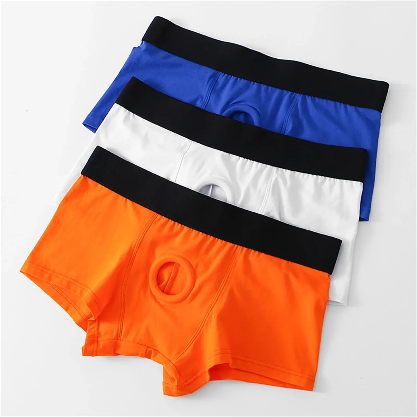 남자 복서 전면 구멍 주머니 속옷 실리콘 Cockring 섹시한 Boxershorts 넓은 허리띠 코튼 속옷 속이 빈 란제리