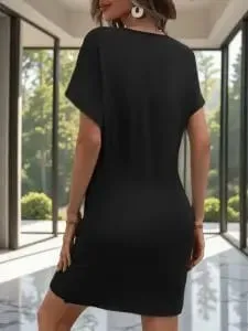 Black V-neck Wrap Around Tie up Short Sleeve Skirt Slim Fit Waist Cinching Irregular Hem Hip Hugging Short Skirt — image 4