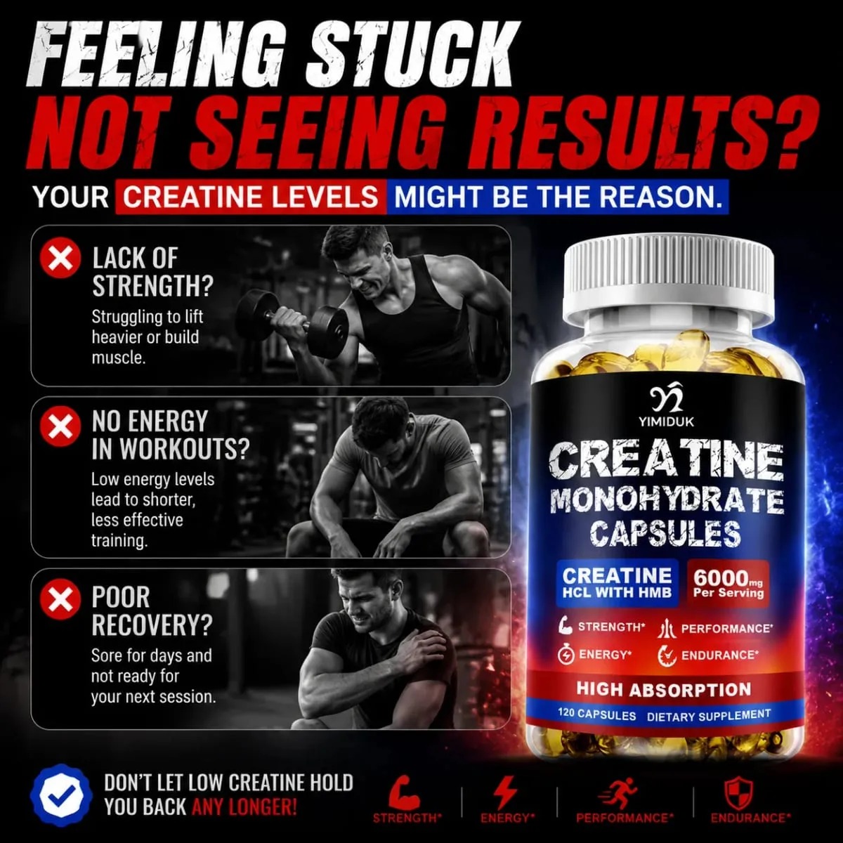 Creatine Monohydrate 6000mg Capsules with Creatine HCL & HMB Boost Lean Muscle Improve Training Endurance Ease Muscle Fatigue