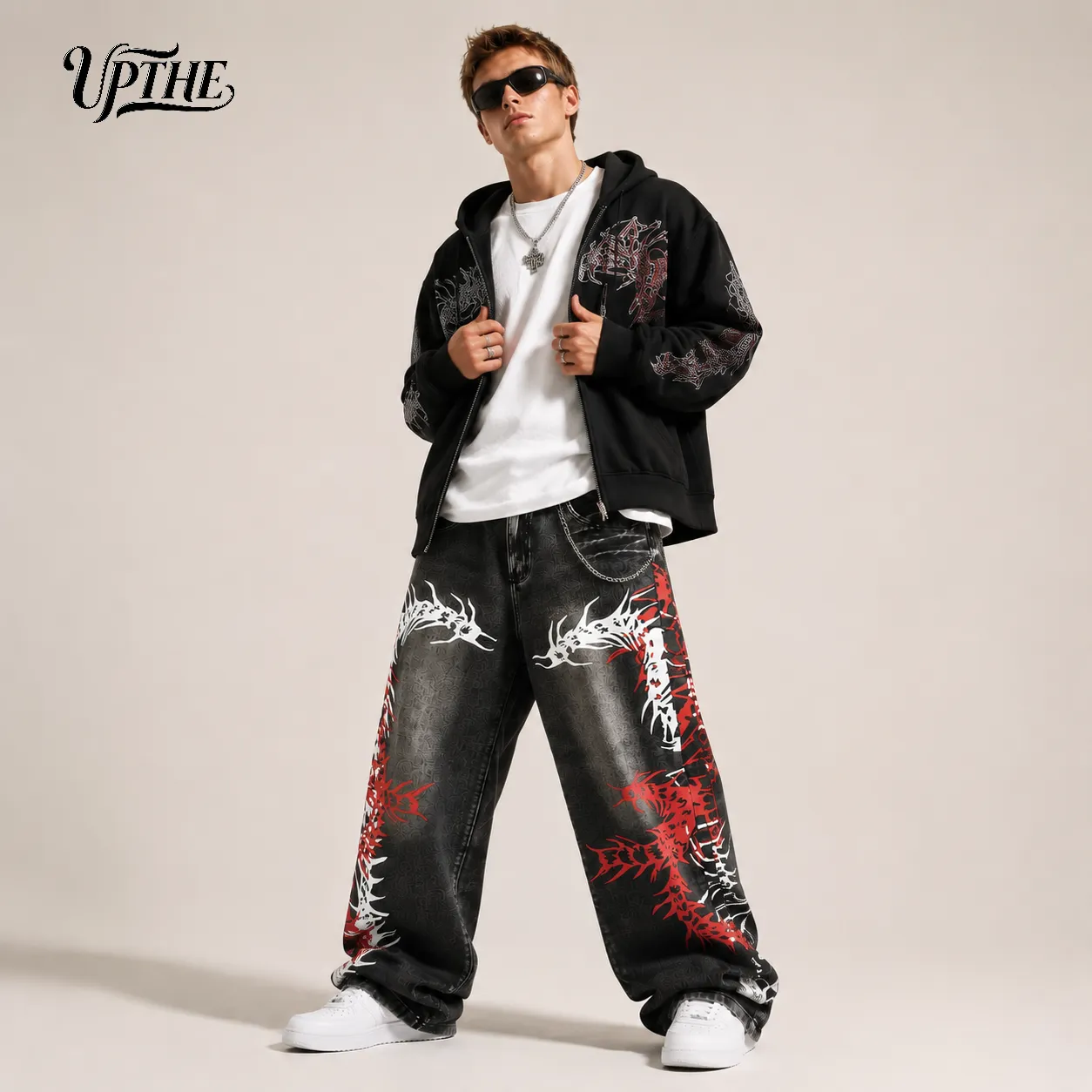 UP.THE Men Baggy Wide Leg Jeans Vintage Washed Black Gray Denim Pants Y2K Oversized Loose Centipede Skeleton Print Streetwear Jeans for Daily Casual Hip Hop Outfits