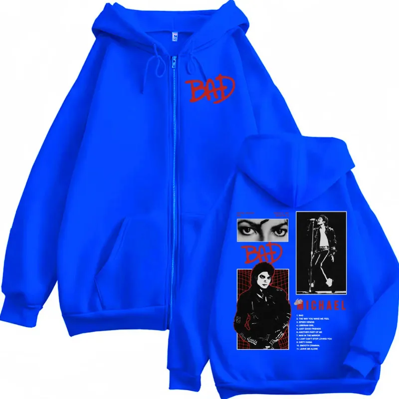 King of Pop Michael Jackson Bad Era Tour Zip Up Hoodies Men Women Fashion Harajuku Jacket Sweatshirts Casual Fleece Zipper Coats