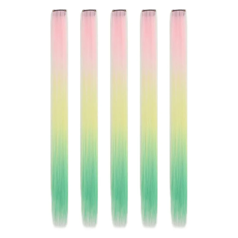 Extensions de cheveux synthétiques à clips, postiches colorées à reflets de fête pour filles, cheveux lisses multicolores de 18 pouces, 5 pièces/ensemble
