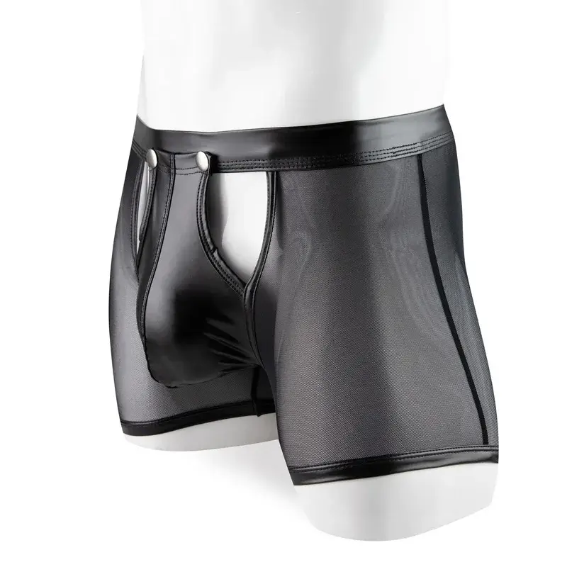 Herren Boxershorts Transparent Mesh Unterwäsche Mann Höschen Kunstleder Abnehmbare Schnalle Beutel Unterhose Cueca Calzoncillo