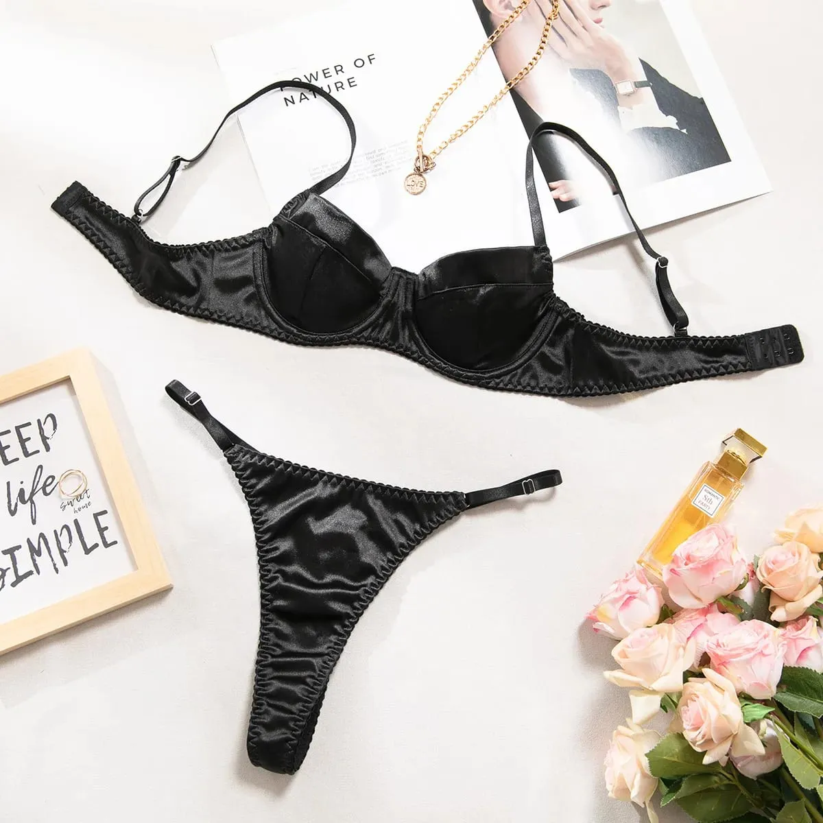 Push Up Underwire Satin 2 Pcs Sexy Bra Set Women Underwear Patchwork Bras and Thongs Suits Attractive Bilizna Intimate Set