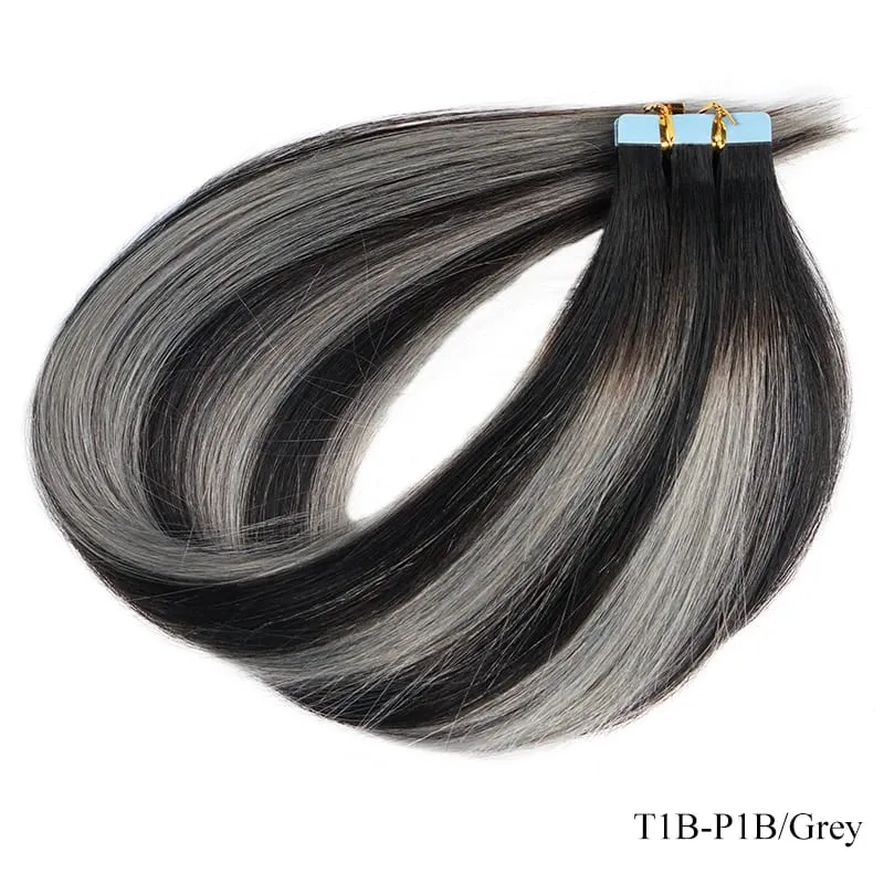 Doreen European Real Remy Human Hair Tape In Extensions 16 to 24 Inch 20Pcs 50g PU Seamless Balayage Silver Grey Hair Black Root