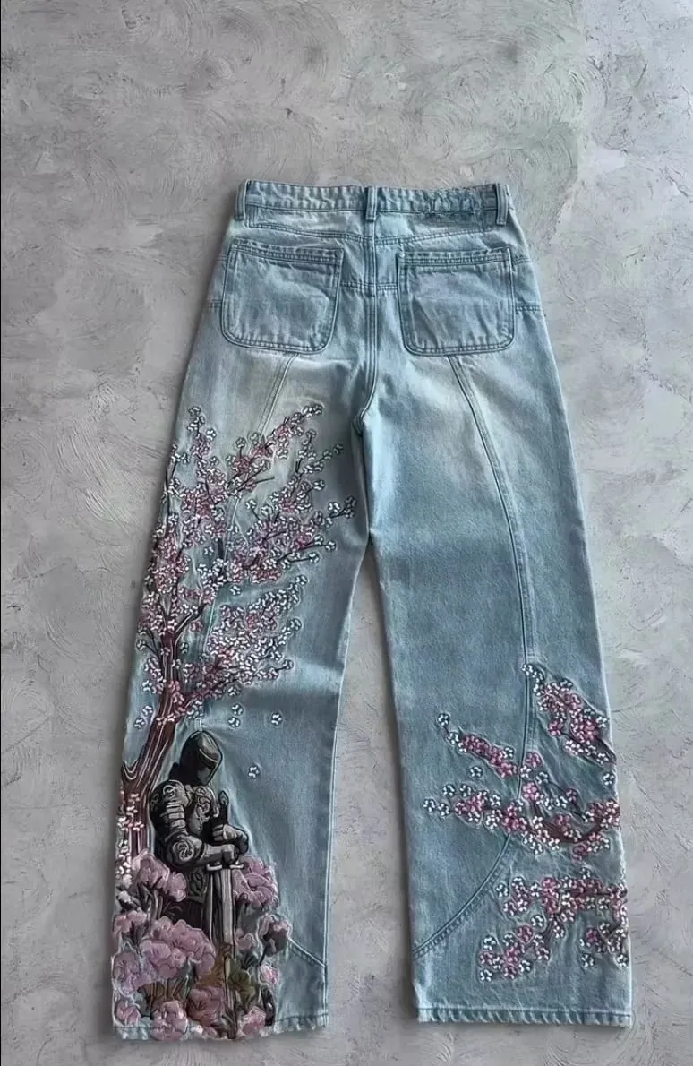Men Y2K Anime Character Embroidered Jeans Streetwear Cargo Denim Pants Straight Leg High Waist Loose Rock Punk Unisex Jeans