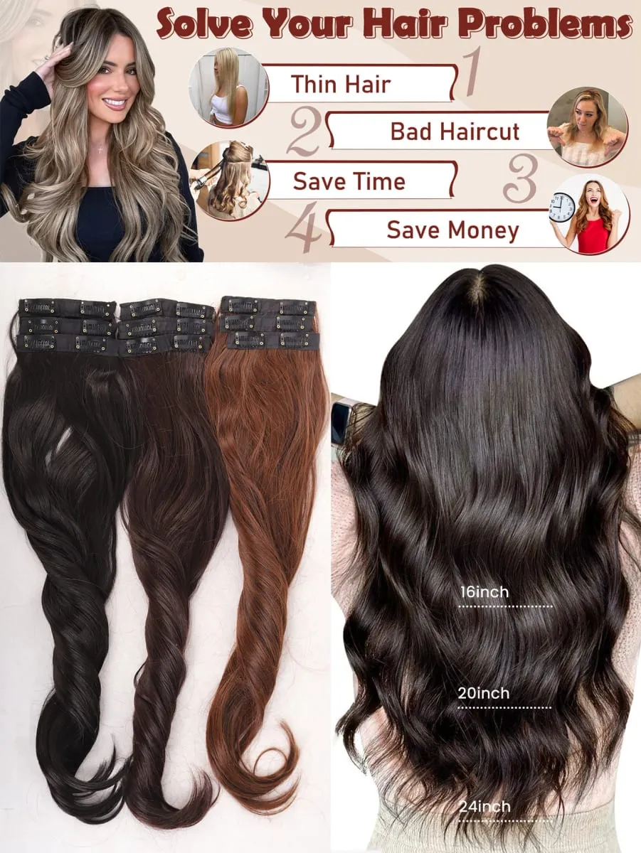 3PCS 24Inch Synthetic Long Curly Wavy Clip In Hair Extension Lightweight Black Brown Hair Accessories Invisible Women Daily