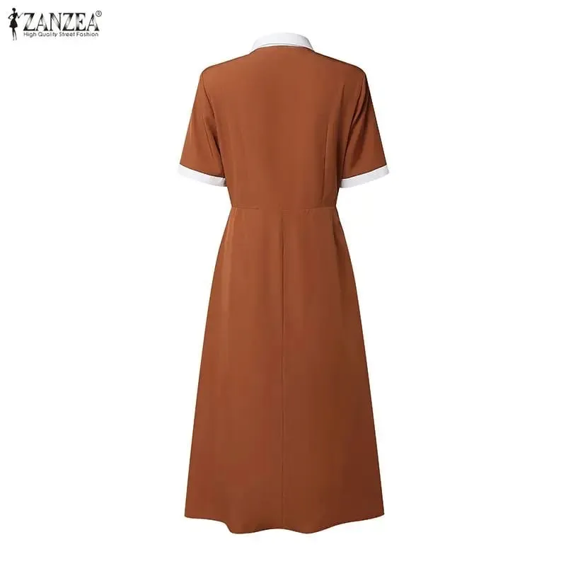 Professional OL Dress ZANZEA Women Summer Sundress Stylish Lapel Neck Short Sleeve Pleated Sundress Elegant A Line Work Dresses