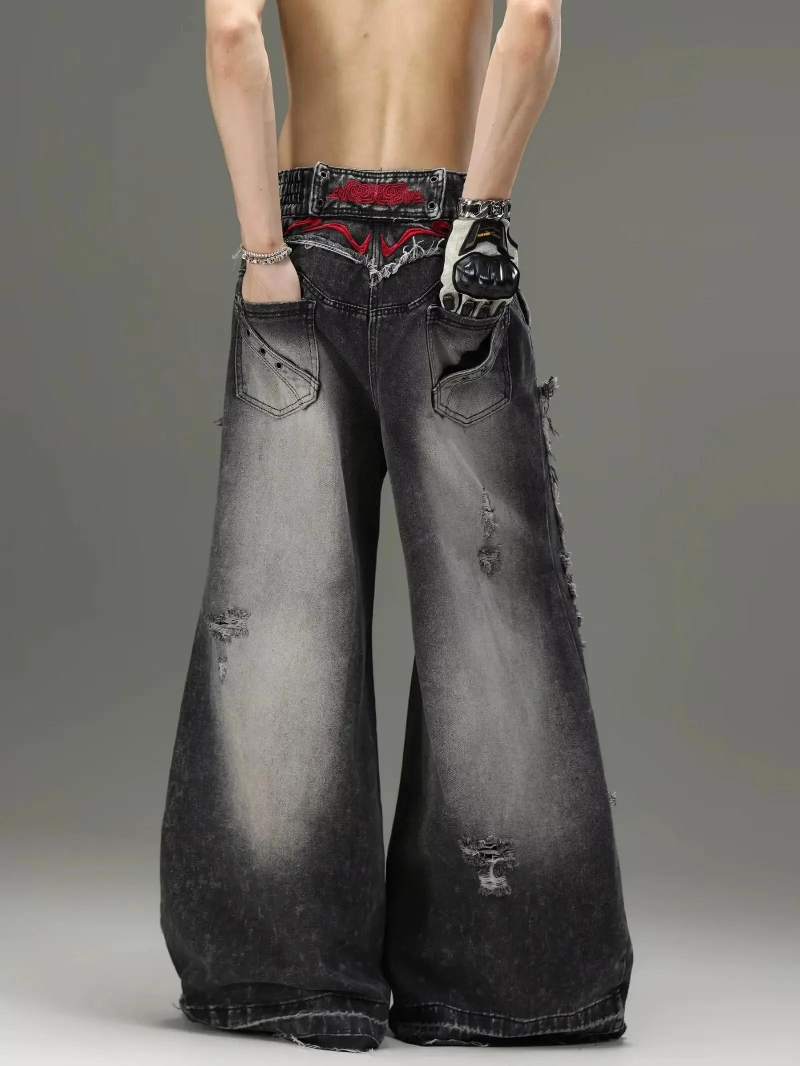 Gothic Retro Baggy Unisex Mopping Pants Y2K Phantom Jeans High Street Red Embroidered Patch Hip Hop Streetwear Straight Jeans