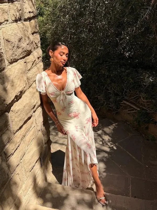 Chic Floral Puff Sleeve Women Maxi Dress Sexy V Neck Button Down Ruffle Slit Vestidos 2026 Summer New Lady Daily Party Sundress — image 8