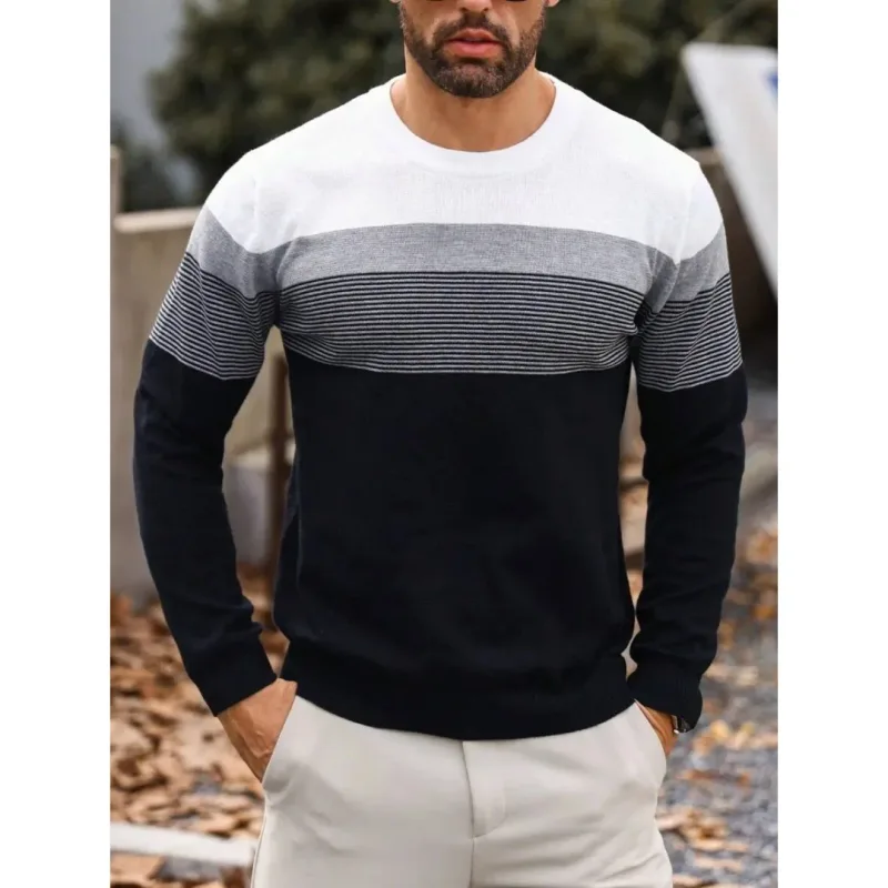 Fashion Autumn Casual Men's Sweater Round Neck Striped Slim Fit Knittwear Men's Sweaters Comfortable Pullovers Men Sweatshirt
