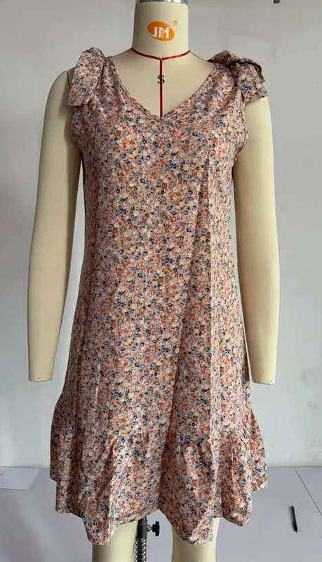 Summer Woman Dress Floral Chiffon Midi Dresses Women's V Neck Sundress Boho Spaghetti Strap Dress Ruffle A Line Pastel Floral