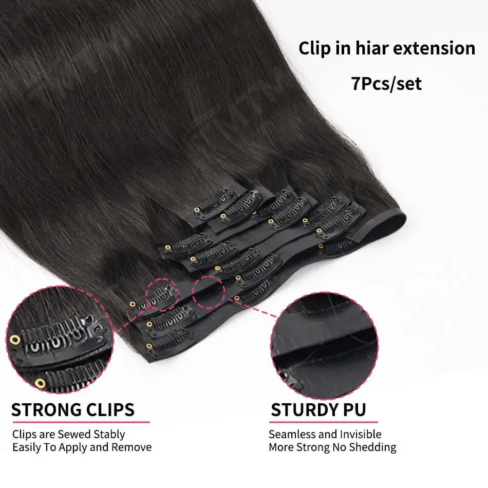 Straight PU Clip Ins Human Hair Extensions Black Brown Color 7 Pcs 110g/Set Seamless Invisible PU Weft For Women 100% Human Hair
