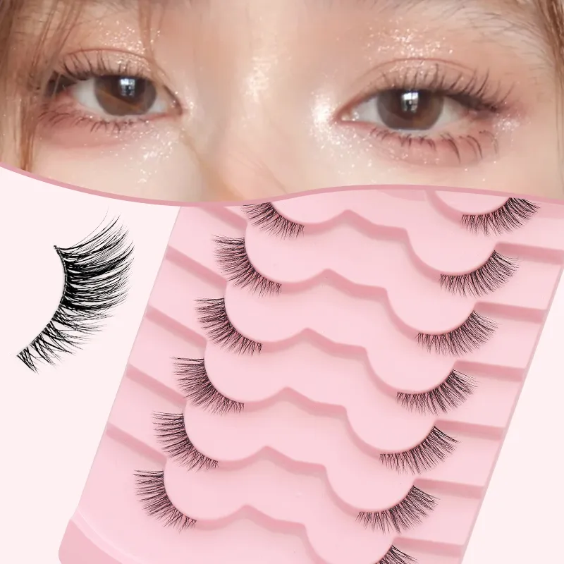 7 Pairs Natural Lashes Wispy Half Clear Band Strip Lashes False Eyelashes Soft Fluffy Lightweight Eye Lashes Makeup