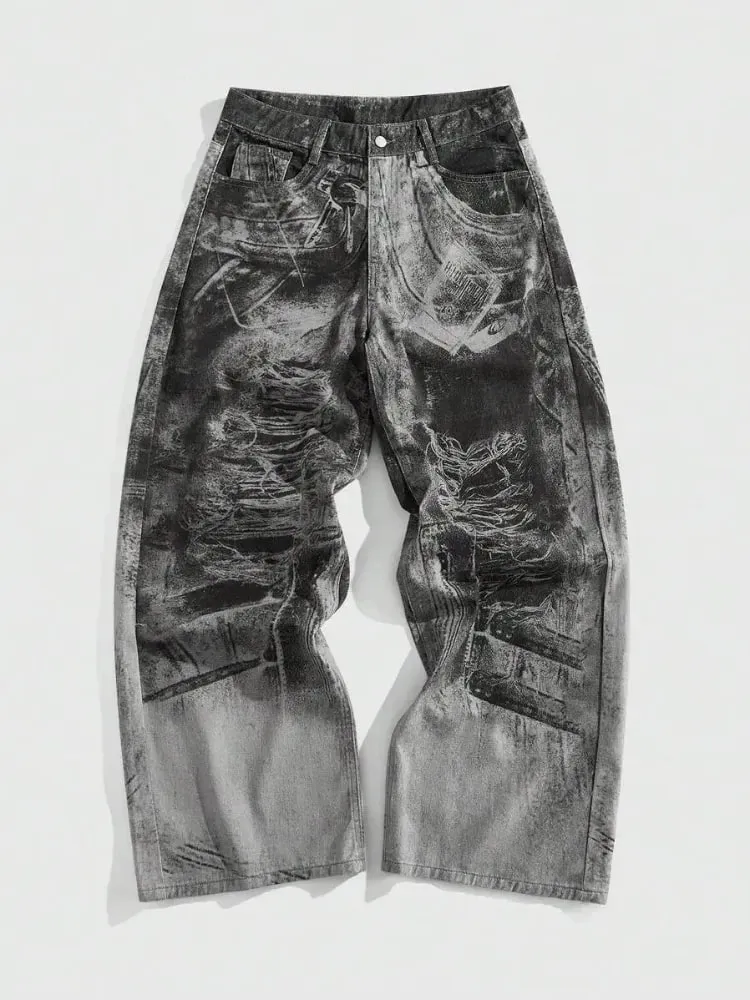 Mens Jeans Harajuku Y2K Streetwear Gothic Print Baggy Wide Leg Denim Pants Vintage Washed Straight Fit Grunge Punk Fashion Trend