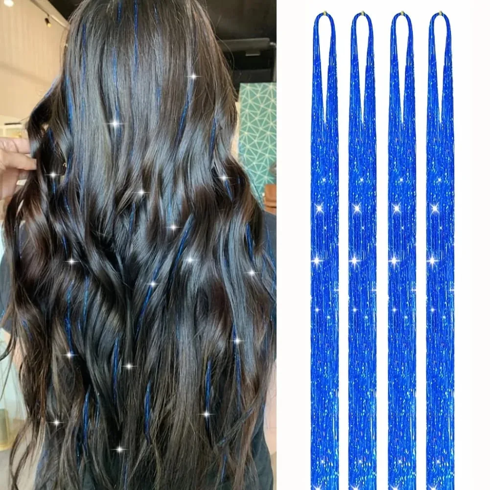 4 Packs 22inch Fairy Tinsel Hair Extensions Kit for Women Holographic Synthetic Hair Extension for Quick Hair Color Change