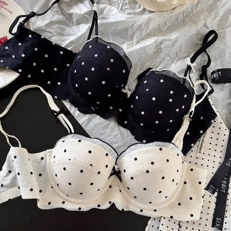 Ensemble Soutien-Gorge French Coquette à Pois Sans Armature Effet Push Up Pour Petite Poitrine Forme Pêche Confortable et Sexy