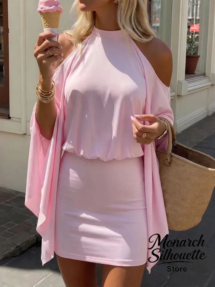 Backless Batwing Sleeves Short Dress Sexy Women Solid Off Shoulder Hip Hugging Pleated Dresses 2026 Spring Lady Party Vestidos