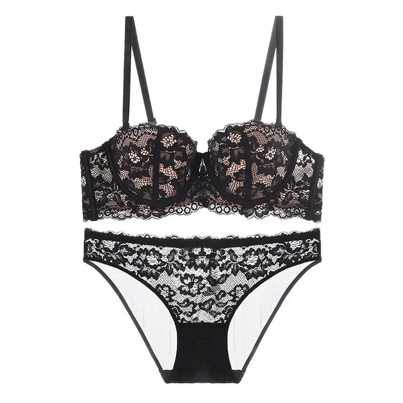 1/2 Cup Lace Bra Women Sexy Floral Underwire Underwear Ladies Push Up Brief Sets Comfortable Bra Half Cup Brassiere Lingerie