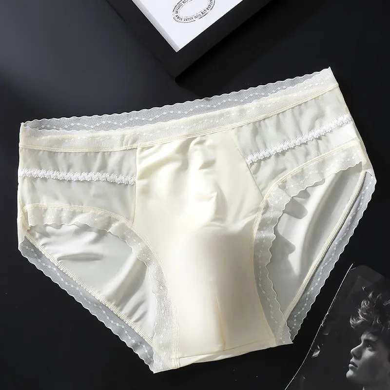 Men's Sexy Lace Thin Briefs Seamless Underware Ice Silk Brief 3D Bulge Pouch Panties Sleep Bottoms Breathable Male Underpants