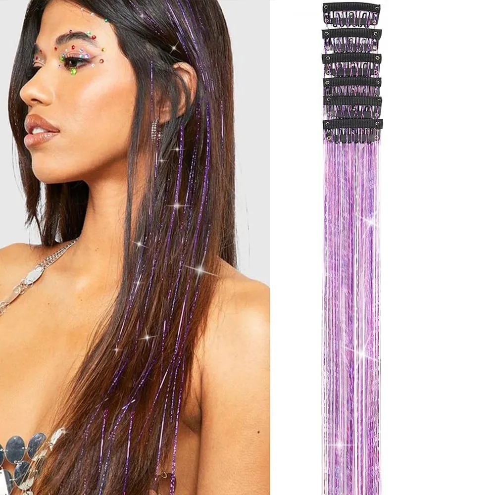 Hair Tinsel Pack of 6 Pcs Hair Tinsel Clip in Glitter Tinsel Hair Extensions Synthetic Hair Tinsel Kit Party Festival Fairy Hair