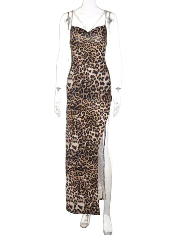 Leopardtryck Kvinnor Kedjerem Sida Slit Maxiklänning Rygglös Bodycon Sexig Streetwear Festival 2024 Kväll Elegant