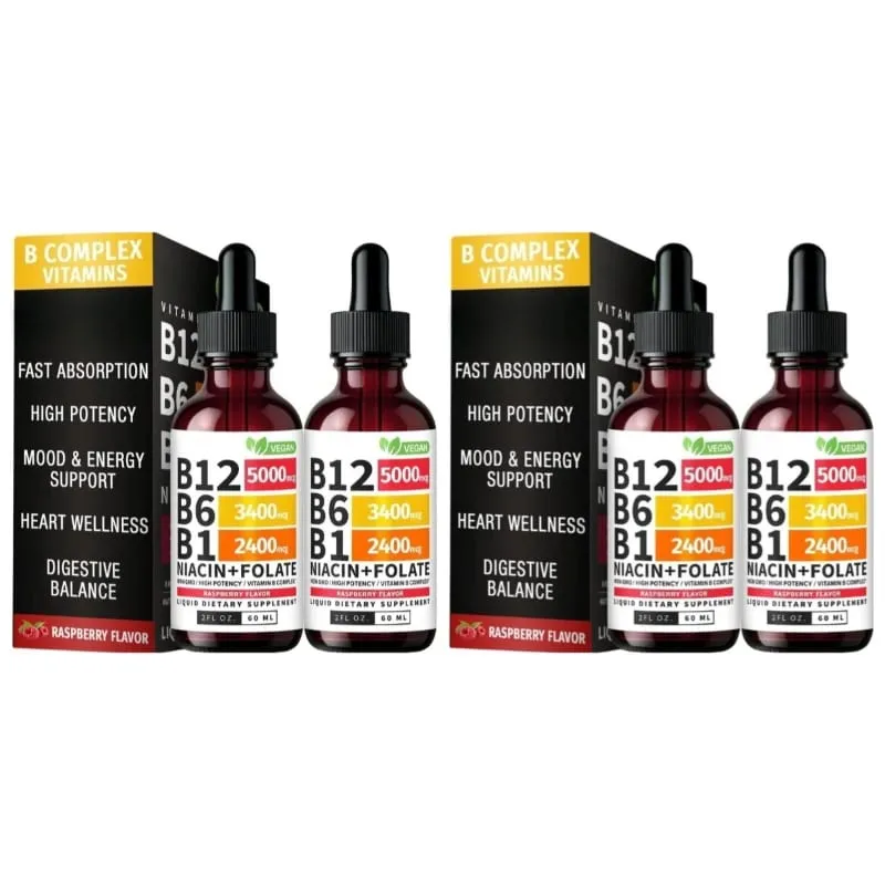 B12 B6 B1 Niacin Folate Liquid Sublingual Vegan B-Complex Drops for Daily Energy and Focus Support Raspberry for Men Women 60 ML