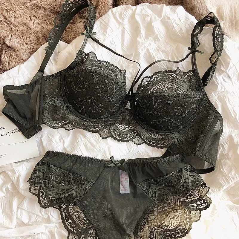 Lace ultra-thin big breasts bra with panties women sexy push up lingerie anti-sagging gathered laides underwear set