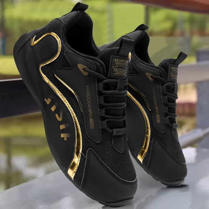 Trendy Black and Gold Color-Blocking Mesh Casual Shoes Men's Breathable Shock-Absorbing Thick-Soled Sneakers Versatile Soft-Soled Non-Slip Men's Shoes for Daily Commuting