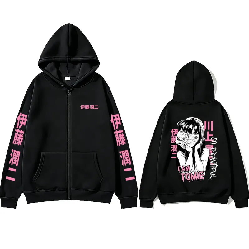 Anime Tomie Junji Ito Zipper Hoodie Men Women Vintage Manga Horror Gothic Zip Up Sweatshirts Men's Cosplay Retro Zip Up Jacket
