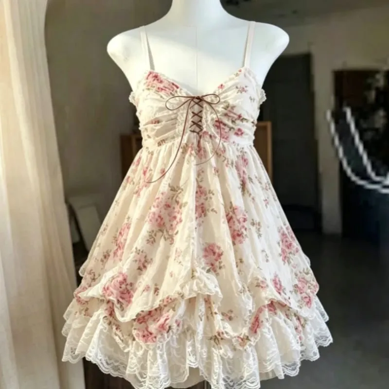 2026 mulher japonesa doce renda flor y2k estética bandagem vestidos grunge harajuku sem mangas retalhos vestido vintage chique