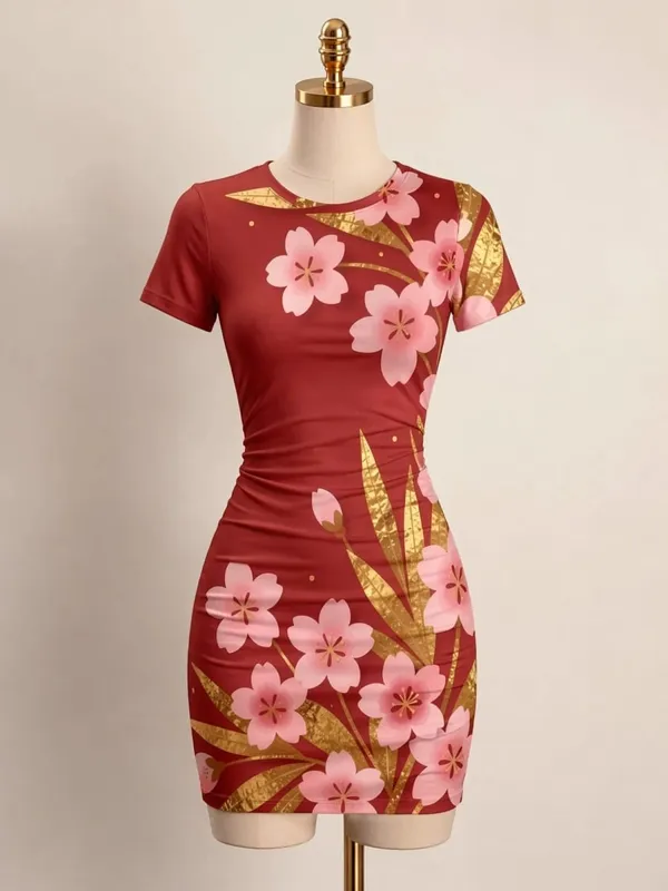 여자 짧은 소매 Bodycon 미니 드레스 슬림 피트 크루 넥 꽃 프린트 캐주얼 여름 파티 귀여운 달콤한 슬리밍 휴가 Sundress