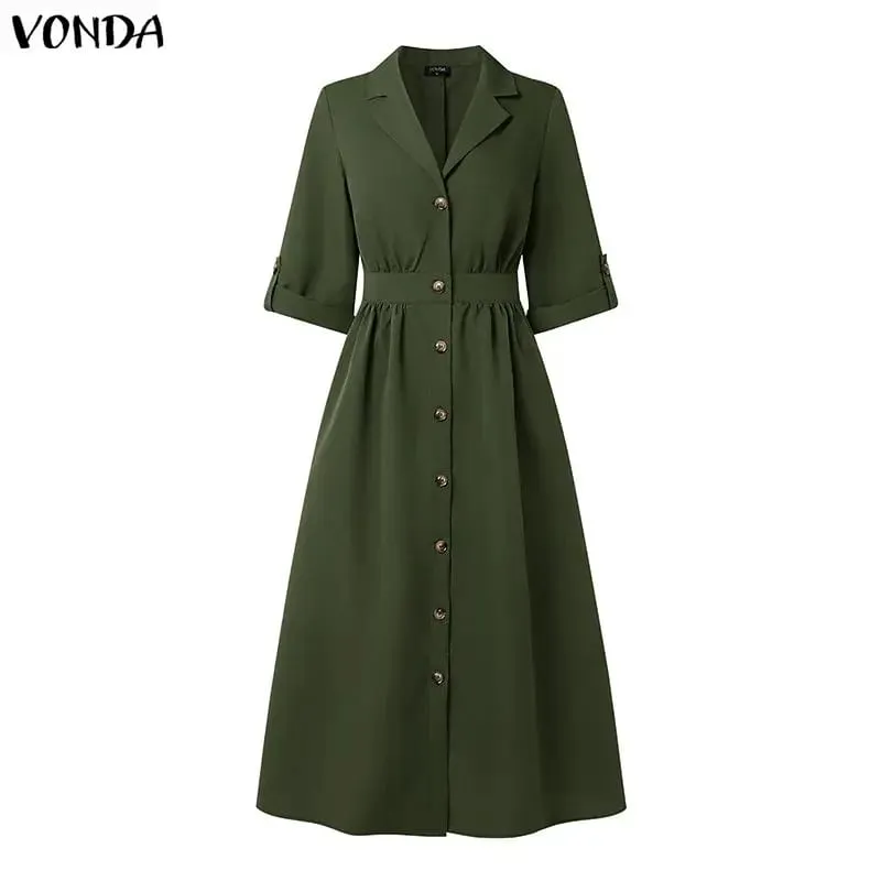 Summer 3/4 Sleeve Women Dress Fashion Sundress OL Work Shirt Dresses Streetwear Solid Color Vestidos Oversize S-3XL