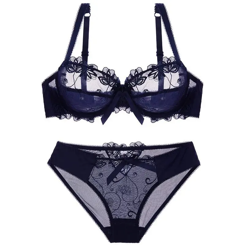 Women Sexy Sheer Mesh Lace Bra Set Thin Minimizer Big Bust Bowknot Pure Desire Lingerie Brassiere Underwear 34‑40 BC