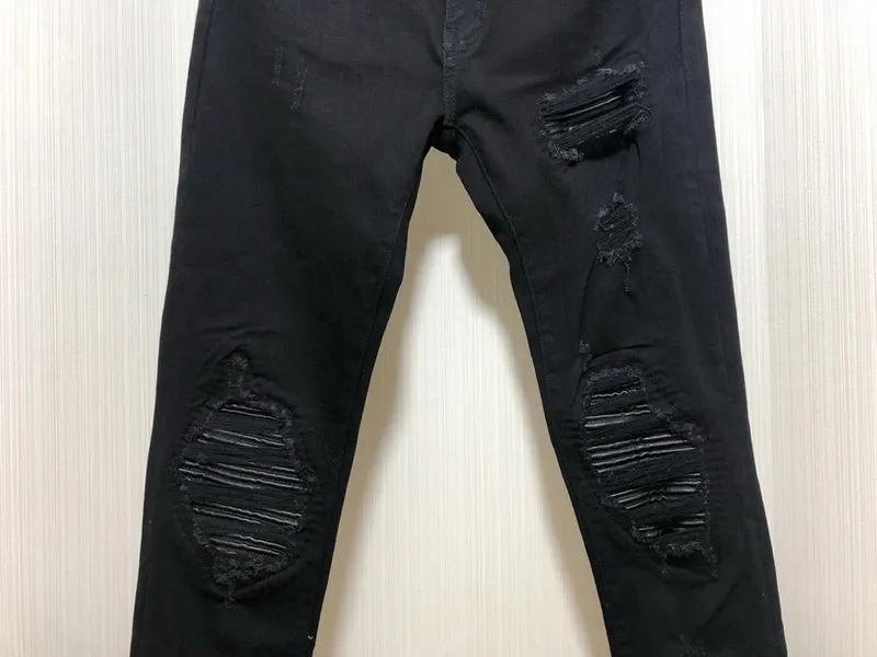 Men's Black Distressed Skinny Jeans ripped knee denim pants Destroyed Biker Style
