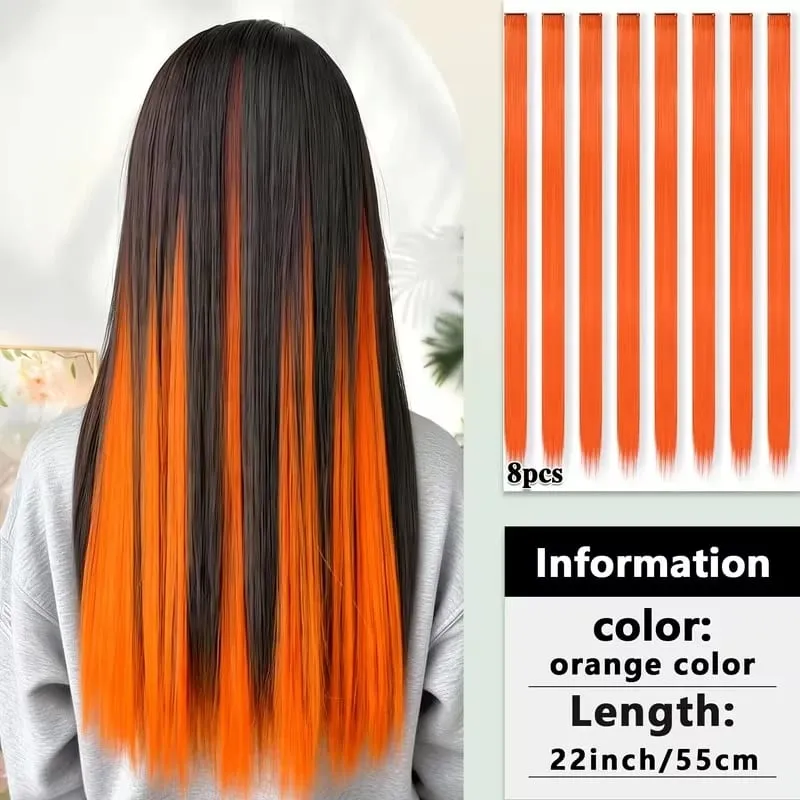22Inch Synthetic 8pcs Long Straight Clip-In Hair Extension Highlights Multi-Color Rainbow Hairpiece for Women Daily Praty Use
