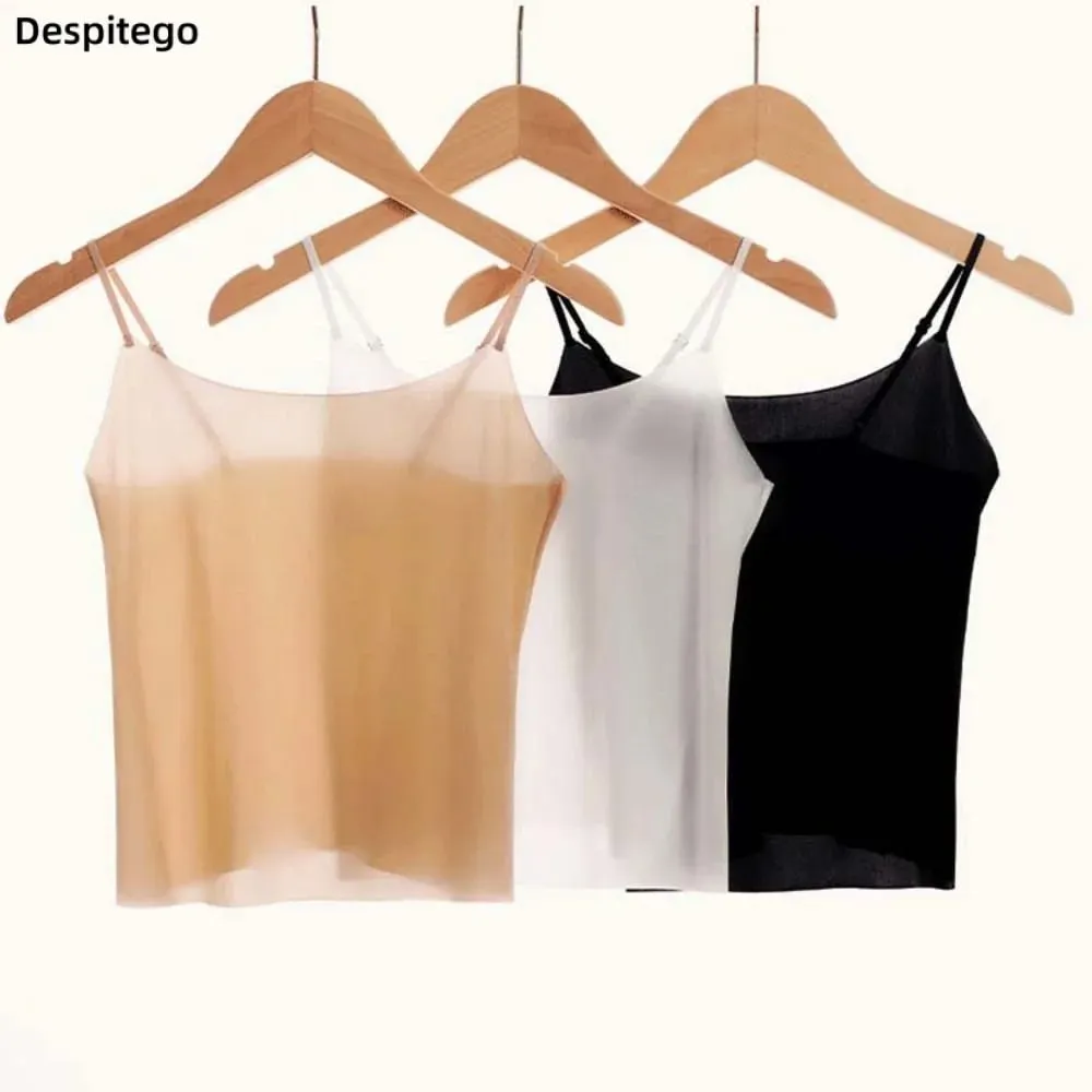 Thin Ice Silk Traceless Sling Tank Top Bralette Crop Tops Strap Skinny Vest Tops Solid Color Slim Fit Sleeveless Camisole Women