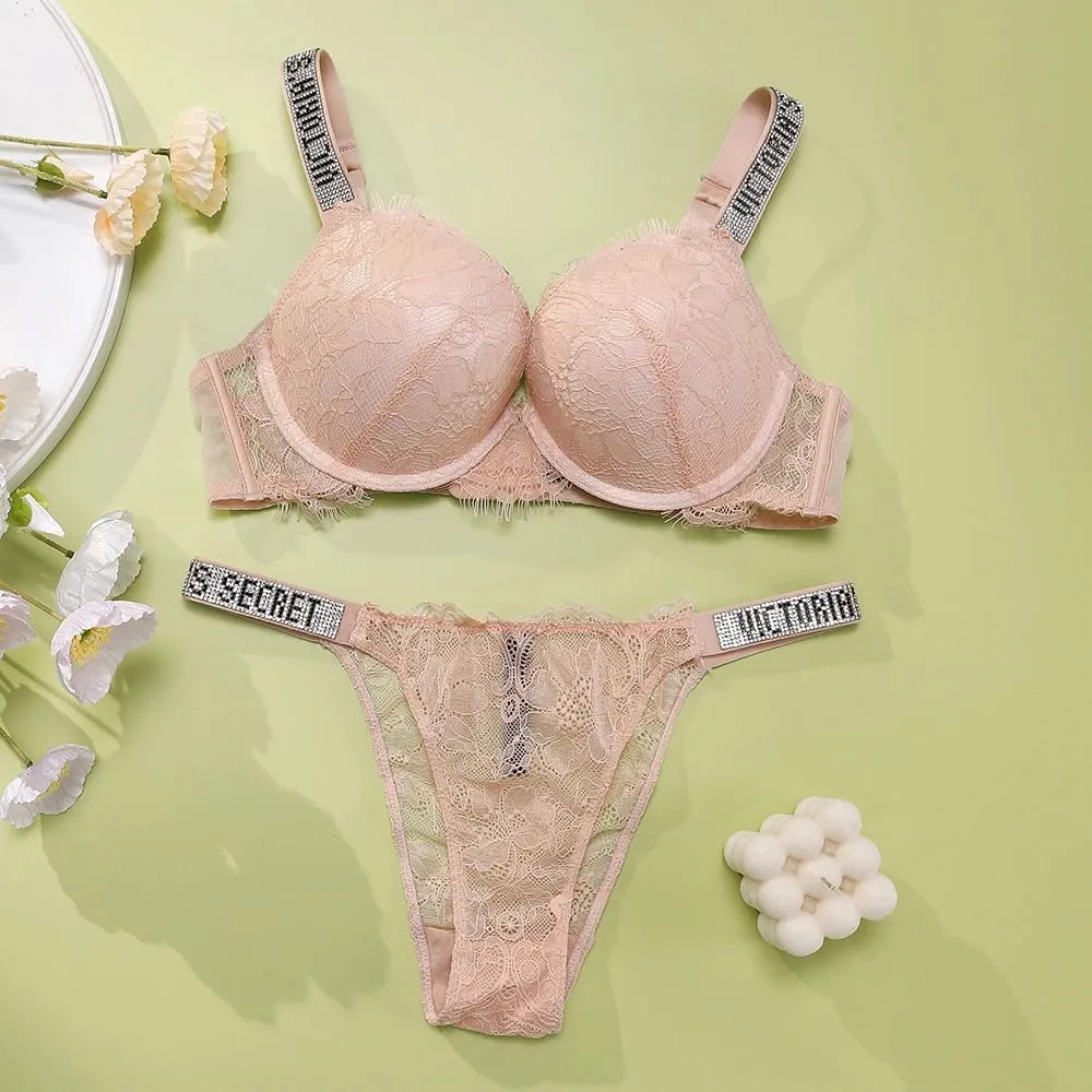 Victoria Secret Sexy Lingerie Set Very Sexy Eyelash Lace Fringe Trim Push Up Bra Shine Script Thong Panty Women — image 4