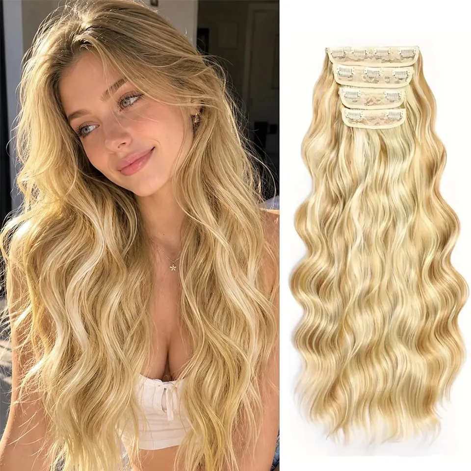 4 PCS Water Wave Clip In Hair Extensions Ombre Blonde Synthetic Natural Hairpieces For Women Lightweight All Day Wear