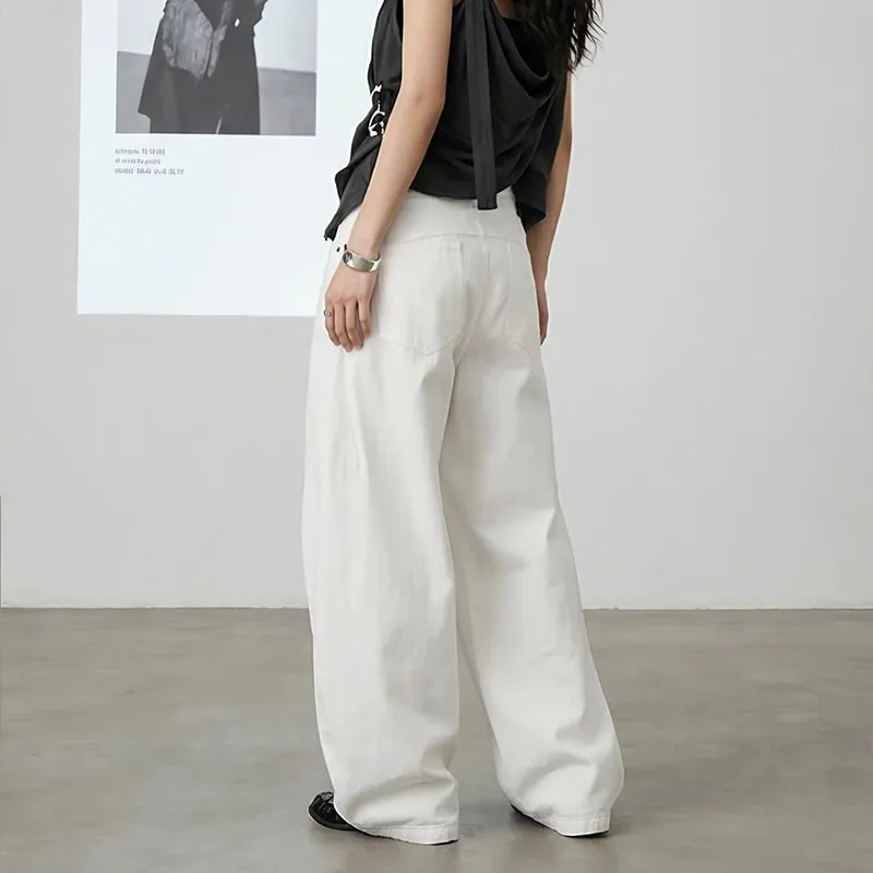 Spring American Style Double Waistband Deconstructed Men's Boot Cut White Jeans Trendy Loose Wide Leg Denim Pants 9X2187
