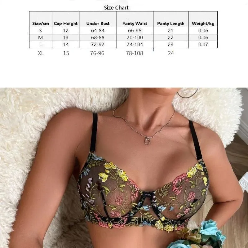 Women's New Sexy Embroidered Floral Lingerie Set Single-Layer Underwire Bra Thong Pants Hollow Transparent Out Lingerie Set