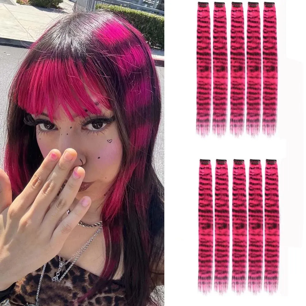 10pcs/set Stripe Printed Hair Colorful Long Straight Hair Pieces Synthetic Clip-in Hair Extensions for Daily Use Party Halloween