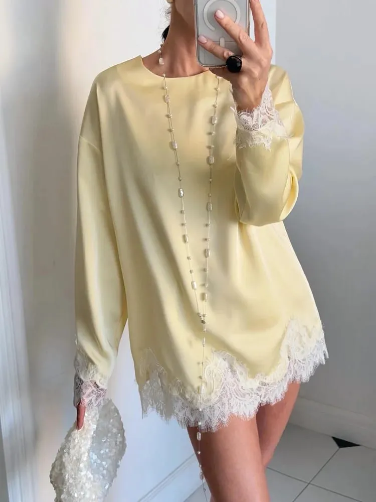 Satin Lace Patchwork Dress Women Long Sleeve O-neck Casual 2026 Spring Female Dresses Casual Solid Beach Robe Not Contain Pearls
