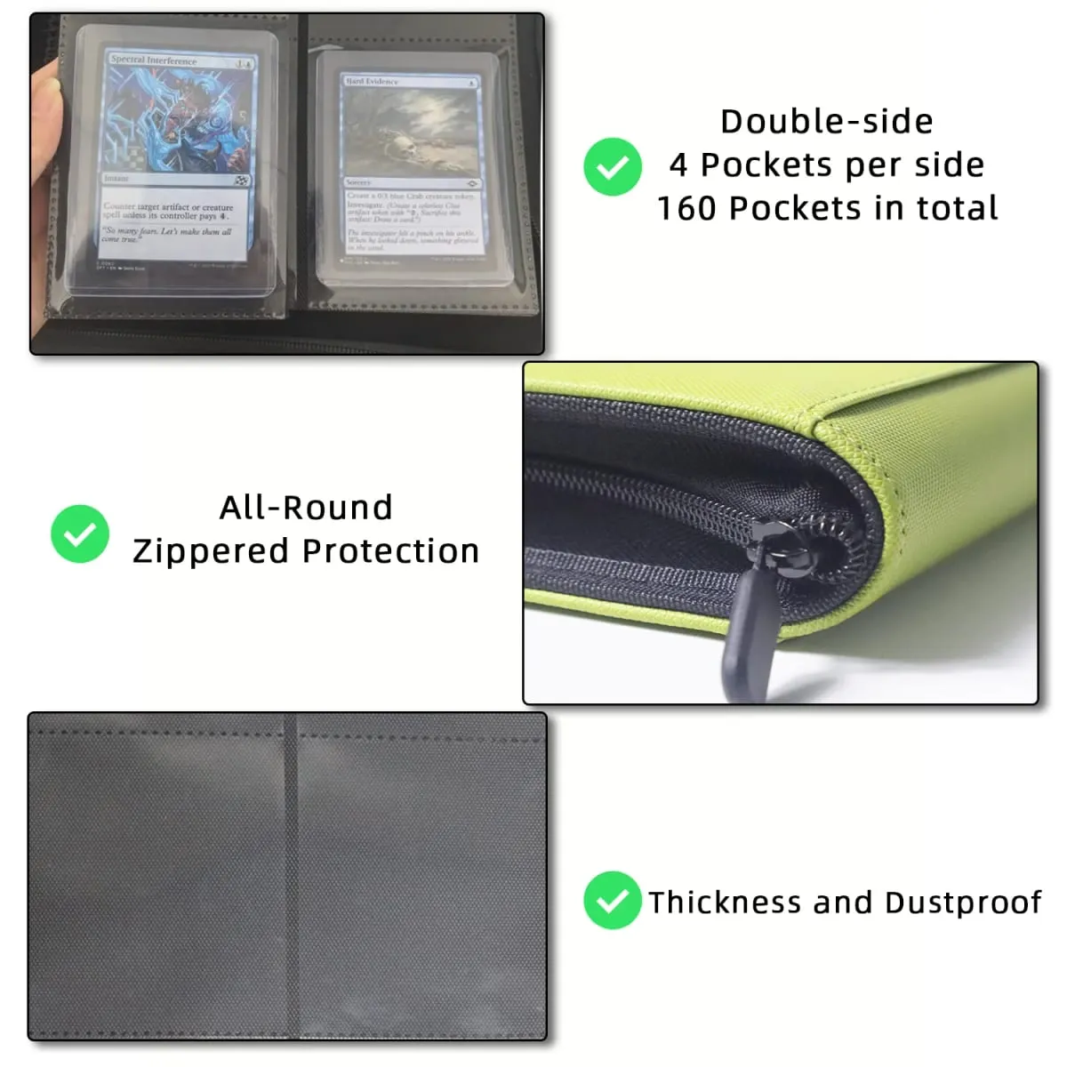 Holds 160 Cards|Trading Card Binder for 3”×4”Cards | 4-Pocket Double-sided Album |PU Leather Zipper Folder for TCG/Sports Cards