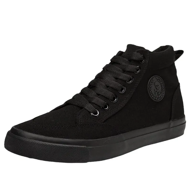 Herren-High-Top-Sneaker aus Segeltuch, Slip-on-Schnürschuhe, lässig, ganz in Schwarz, Basic-Skateschuhe für Studenten, flache Sohle, bequeme Sportschuhe
