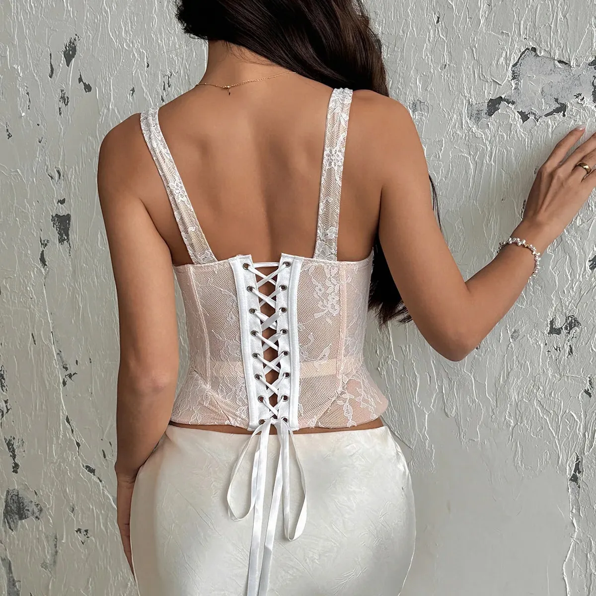 INS Hot Girl Lace Corset Top Women Strap Sleeveless Lace Up Backless Mini Camisole Floral Mesh Shapewear Slim Tank Top