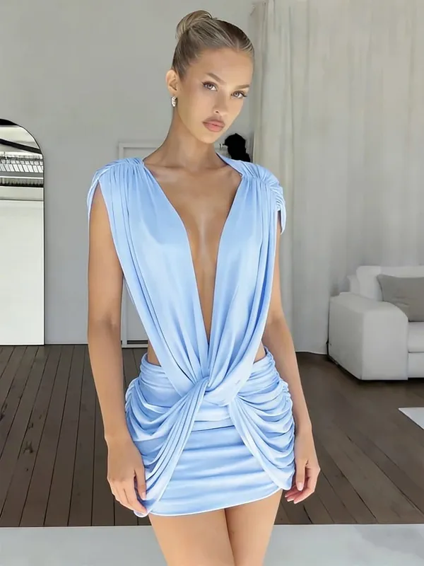 Chic Sleeveless Pleated Slim Mini Dress Women Sexy Solid Backless Hollow Out Round Collar Dresses Lady Evening Party Vestidos
