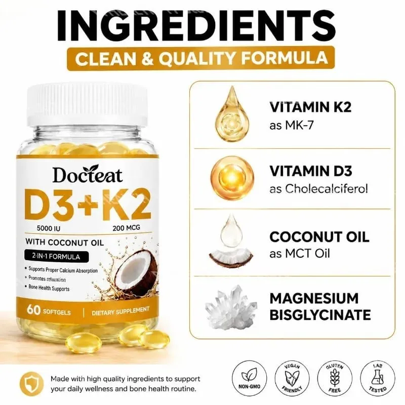 Docteat Vitamin D3+K2 Softgels with Coconut Oil Vitamin D3 Vitamin K2 Calcium Absorption Bone Health for Men Women 60 Softgels