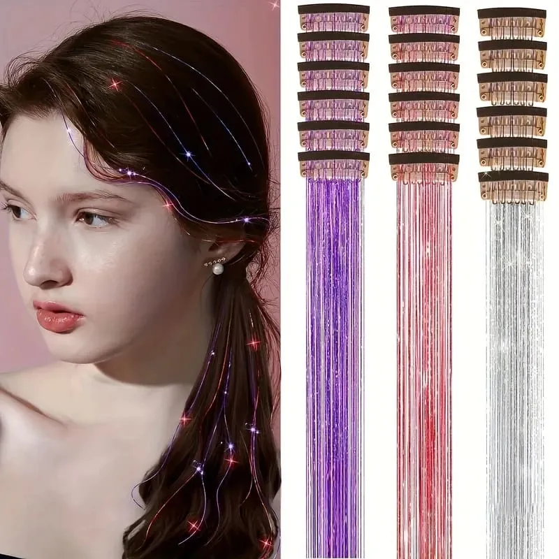 12pcs Per Pack of BB Hair Clips Shiny Metallic Hair Extensions with Clips Fairy Hair Sparkling Hair Accessories for Women.